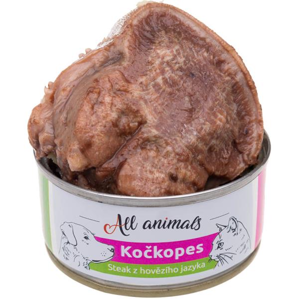 Konzerva pro psy a kočky ALL ANIMALS Kočkopes steak z hovězího jazyka 100 g