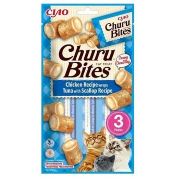 Pamlsky pro kočky Inaba Churu Bites cat snack kuře,tuňák,hřebenatka 3x10g