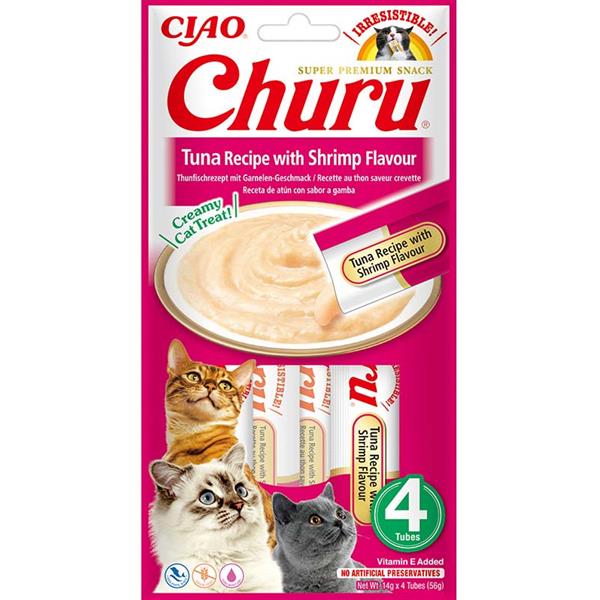 Pamlsky pro kočky Inaba Churu cat snack tuňák s krevetovou příchutí 4x 14g