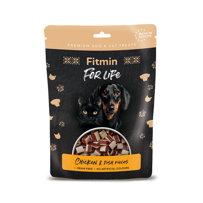 Pamlsky pro psy a kočky Fitmin For Life Kuřecí kousky s rybou 70 g